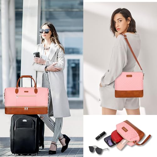 ITIEZY Weekender Bag for Women 21.5" Travel Duffel Large Carry On Bag 3PCS | Nylon Duffel Bag with Waterproof Shoe Compartment, Crossbody Bag and Toiletry Bag, Travel Weekend Hospital Overnight Gym Bag - color: 3-Pink