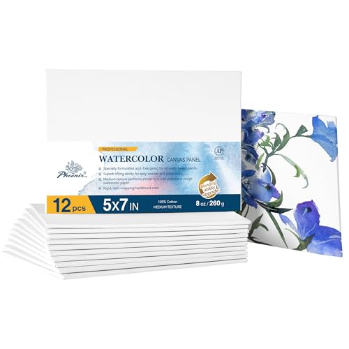 PHOENIX Watercolor Canvas Boards for Painting - 5x7 Inch/12 Pack, 100% Cotton Water Color Small Canvas Panels, 8 Oz. / 260g White Blank Medium Texture Flat Canvases for Water Based Paints - size: 5"x7"/ 12 Pack, style: Canvas Panel