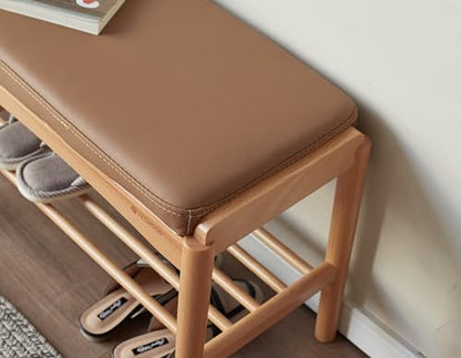 Oak Wood Shoe Bench, 24 Inch Entryway Bench with Brown Leather Cushion - color: Natural + Brown Leather Cushion, size: 23.62"