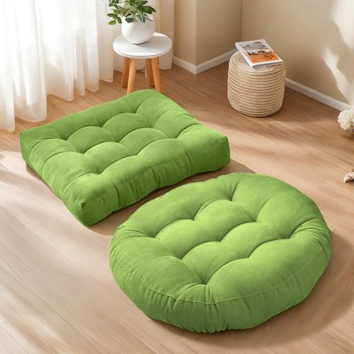 Floor Cushion Pillow Set of 2 Large Round and Square Floor Pillows for Adults Meditation Cushion Pillow Tufted Corduroy Cushions for Living Room Outdoor Yoga Tatami Fireplace,20x20 Inch (Green) - color: Green