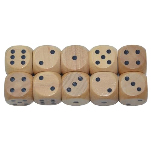 Set of 10 16MM Six Sided D6 Round Wooden Dice Set (Wood) - color: Wood