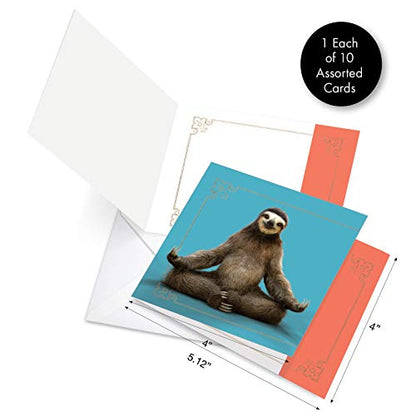 The Best Card Company - 10 Blank Yoga Note Cards (4x 5.12 Inch) - Boxed Notecards with Envelopes, Cute Animal Cards, Zen Assortment - Sloth Yoga AMQ6255OCB-B1x10 - style: Sloth Yoga