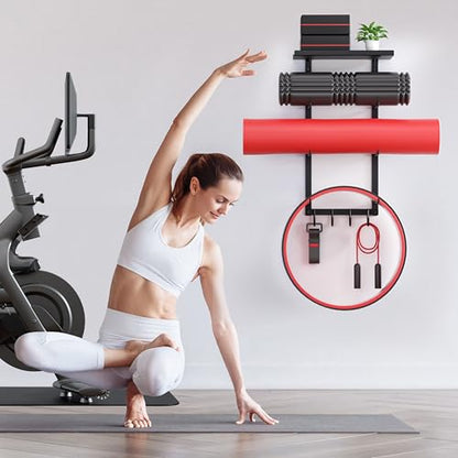 Yoga Mat Holder Wall Mount, Home Gym Storage Rack with Top Floating Shelf | 4-Tiers Fitness Accessories Organizer with Hooks for Foam Roller / Resistance Band / Workout Equipment/ Block / Pilates Strap