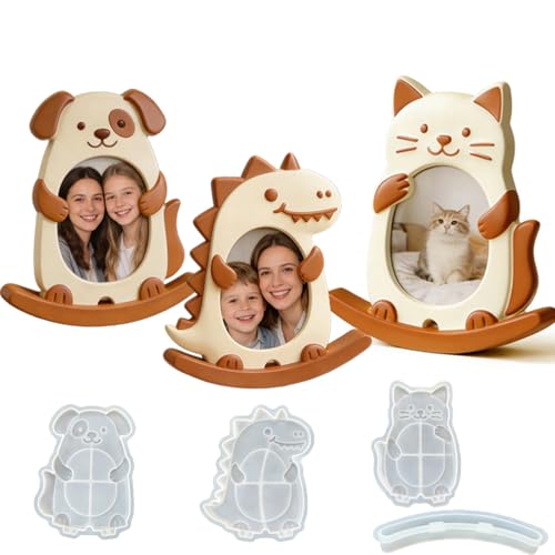 Silicone Resin Mold for Moving Photo Frame, DIY Rocking See-Saw Picture Frame Molds with Dinosaur, Kitten & Puppy Shape, Stand Holder for Resin Casting, Personalized Home Decor Handmade Gifts (4 PCS) - size: Cat&Dog Photo Frame