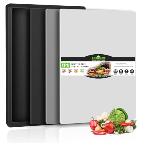 Fotouzy Flexible TPU Cutting Boards Mats Plastic Chopping Board Set of 4 | 3 TPU Cutting Mats + 1 Plastic Cutting Board, Non-Slip, BPA Free, Dishwasher Safe, Scratch Free, For Meat, Vegetables & Fruit