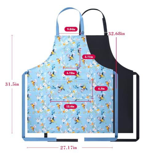 2 Pack Bid Aprons, Adjustable Kitchen Apron with 3 Pockets, Chef Works Apron. - color: Blue/Bird