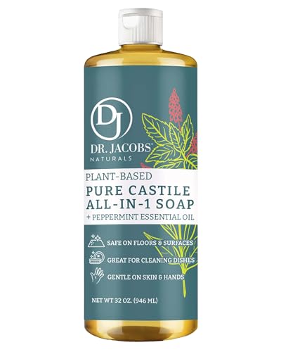 Dr. Jacobs Naturals Peppermint Castile All-in-One Cleaner and Soap - Plant-Based Formula for House Cleaning Floors and Appliances - Gentle on Skin and the Planet - 32 oz, 1 Pack - size: 32 Fl Oz (Pack of 1), style: Peppermint