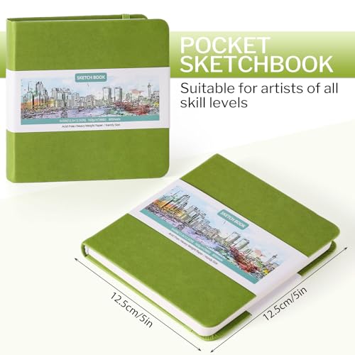 Prudiut 5" x 5" Hardcover Small Sketch Book, 80 Sheets, Emerald Green | 160gsm Acid-Free Travel Sketchbook, Elastic Closure, Ribbon Bookmark, Mini Sketchbook for Sketching & Back to School Gifts - color: Emerald Green