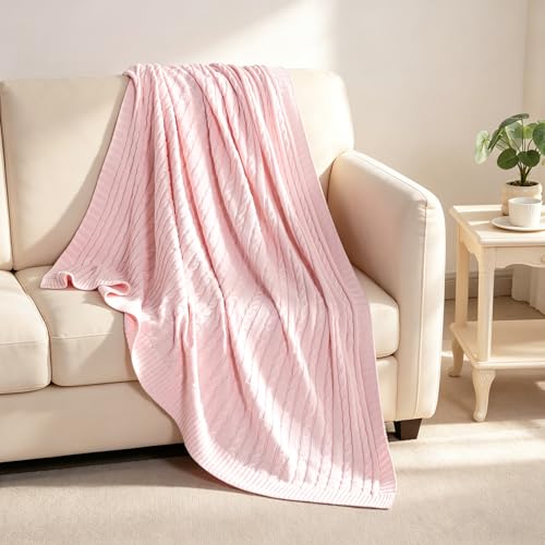 NTBAY Cotton Cable Knit Throw Blanket, 51 x 67, Baby Pink - color: Baby Pink, size: Throw(51"x67")