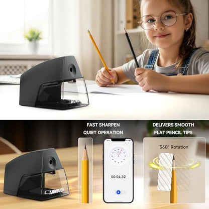 Electric Pencil Sharpener for 6 to 8 mm Pencils Helical Blade Fast 4 Second Sharpening Large Shavings Bin Non Slip Feet Safe Design for Classroom Office and Home(S1131) - color: Black