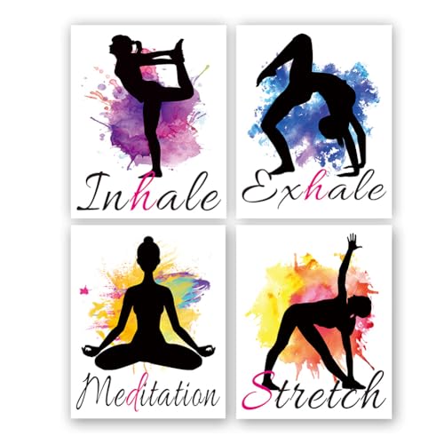 Set of 4 Yoga Wall Art Print Posters,Watercolor Yoga Poster With Inhale Exhale Meditation Stretch,Woman Meditating Canvas Prints for Art Home Gym Exercise Bedroom Home Decor.(8”X10”inch)Unframed - color: Unframed-8X10in Yoga Wall Art Print Posters