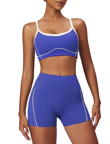 QBGJTD Two Piece Women Workout Sets Color Block Sports Bra and Scrunch Butt Lifting Shorts Gym Yoga Outfits - color: Navy Blue, size: X-Small