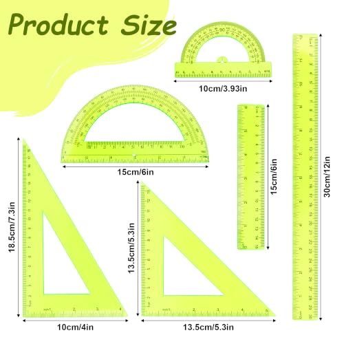 Plastic Clear Ruler Math Set - 6'' 12'' Transparent Straight Ruler, 4'' 6'' Protractor, 30/60 & 45/90 Triangle Ruler, Geometry Math Measuring Tool for School Home Office Drawing Teachers Kids Yellow - color: Yellow