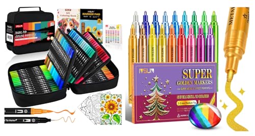 IVSUN 128 Colors Art Markers Set + 18 Super Golden Metallic Markers