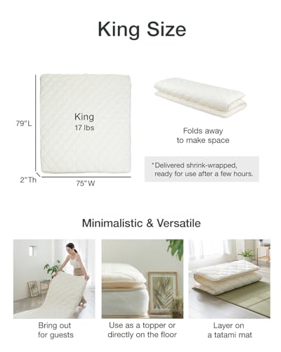 FULI Japanese Futon, King Size, White - Foldable Shikibuton Floor Bed | Medium Firm Quilted Cotton Sleeping Pad, Portable Roll-Up Japanese Floor Bed for Guests & Small Spaces, 100% cotton surface - size: King (79"L x 75"W), style: Standard