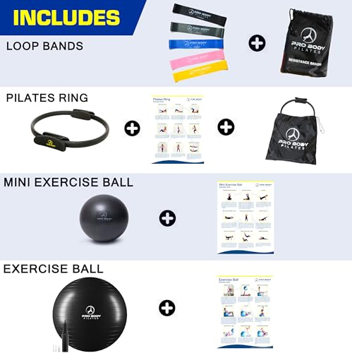 ProBody Pilates 4 pc Kit - Pilates Ring, 65 cm Yoga Ball, 9" Exercise Ball and Resistance Bands