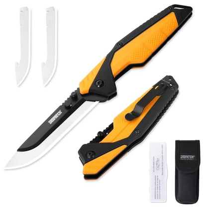 3.5" Replaceable Blade EDC Folding Hunting Knife with Dual Thumb Opener and Pocket Clip with 3 Drop Point Blades, Durable ABS and Non-Slip rubberized TPR Handle with Nylon-Holster, skinning knife - style: Orange Hunting knife