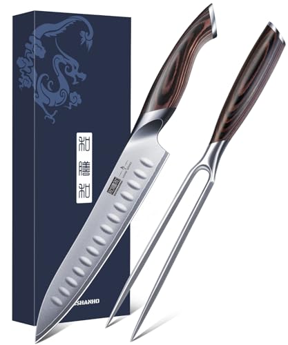 HOSHANHO 8 Inch Carving Knife & 7 Inch Fork Set, Razor Sharp Slicing Knife | Professional Japanese High Carbon Steel Butcher Brisket Slicing Knife Set for Meat Cutting, BBQ, Ergonomic Handle, Gifts