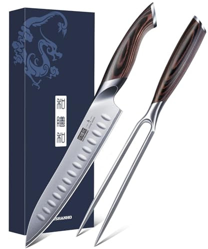 HOSHANHO 8 Inch Carving Knife & 7 Inch Fork Set, Razor Sharp Slicing Knife | Professional Japanese High Carbon Steel Butcher Brisket Slicing Knife Set for Meat Cutting, BBQ, Ergonomic Handle, Gifts