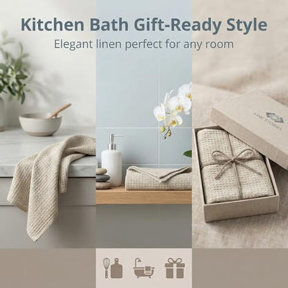 Pure 100% Linen Hand Towels - 14x28-inch Set of 2 pcs - Thin Waffle Weave - color: Natural Linen, size: Hand Towels