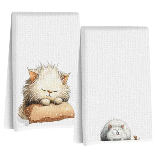 2 Pcs Funny Cat Kitchen Towels, Cute Cats Gifts Reusable Hand Towels-02 | Cat Dish Cloths for Drying Dishes, Cats Waffle Dish Towels for Kitchen Bathroom Decor, Cat Lover Gifts for Women Mom Grandma - color: Multi 1633