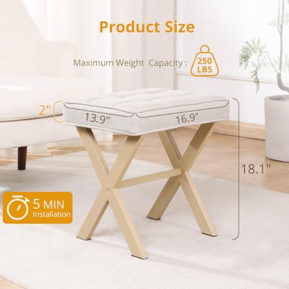 LUE BONA Square Linen Makeup Stool, Metal X Legs, Small Ottoman Stool Chair for Vanity, Modern Padded Seat Foot Rest for Makeup Room, Bathroom - color: Linen Color-sand Legs
