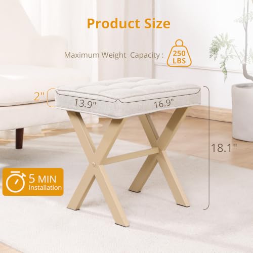 LUE BONA Square Linen Makeup Stool, Metal X Legs, Small Ottoman Stool Chair for Vanity, Modern Padded Seat Foot Rest for Makeup Room, Bathroom - color: Linen Color-sand Legs