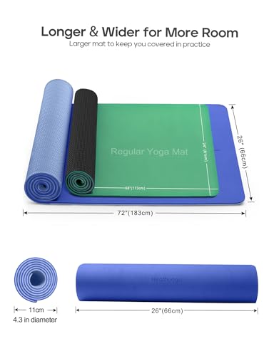 Heathyoga Yoga Mat Non Slip TPE Pilates Exercise Mats for Home Workout Gym Fitness Eco Friendly Thick Hot Yoga Mat with Strap Body Alignment,72"x 26" Thickness 1/4" - color: Blue