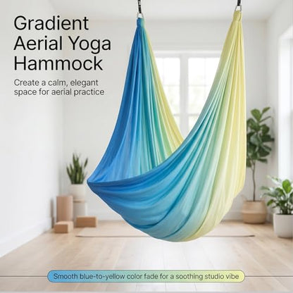 Blue-Green Gradient & Dark Green Aerial Yoga Hammock (400x180 cm / 157"x71"), Soft Silk Swing for Anti-Gravity Yoga, Inversion Therapy, Ideal for Strength, Flexibility Training and Stress Relief - color: Blue-green Gradient