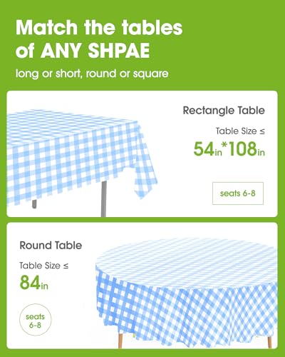Pureegg Plastic Table Cloth Disposable 8 Pack 54 x 108 Inch, Blue Plaid | Party Supplies, Picnic, Checkered Decor, Leakproof & Sturdy, Blue Plaid, Tablecloth - color: Blue and White, size: 54" X 108" Rectangle