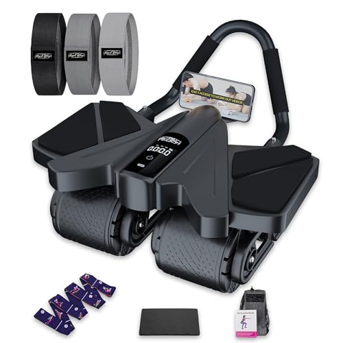 Ab Roller Home Gym Equipment – 4 Wheels Ab Wheel Muscle Roller with Automatic Rebound, Yoga Stretching Strap, 3 Resistance Bands – Comfortable Elbow Support with Non-Slip Handles – Built-in Workout Tracker - color: Newer Black + 3 Bands + 1 Strap