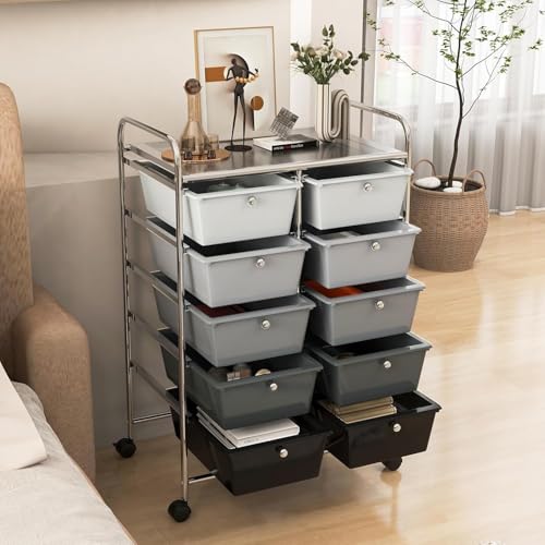10 Drawer Rolling Cart, Storage Cart Organizer on Wheels, Drawer Cart with Metal Frame & Large Storage Capacity, Rolling Cart with Drawers for Living Room Classroom, Office - color: Gradient Black, size: 10 Drawer