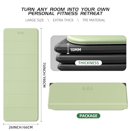 ILILI Foldable Yoga Mat 10mm, Extra Thick, Extra Long, 75x26x0.4 Inch, TPE - color: Matcha Green+Black