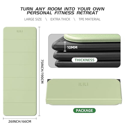ILILI Foldable Yoga Mat 10mm, Extra Thick, Extra Long, 75x26x0.4 Inch, TPE - color: Matcha Green+Black