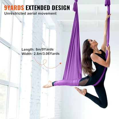 Happybuy Aerial Silk & Yoga Swing, 8.7 Yards, Aerial Yoga Hammock Kit, 100gsm Nylon Fabric, Full Rigging Hardware, Purple, Antigravity Flying for All Levels