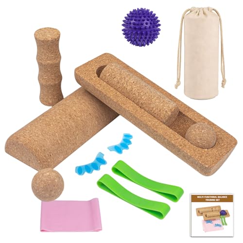 Cork Balance Board for Adults, Foot & Ankle Strengthener Balance Trainer with Cork Roller, Spiky Massage Ball, Toe Correctors & Stretch Strap, Foot Balance Board Set for Mobility, Stability & Functional Training