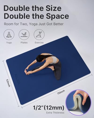 YOTTOY Large Yoga Mat (75 * 52 * 1/2inch),Extra Wide TPE Exercise Mat,Non-Slip Workout Mat for Pilates, Fitness, Barefoot, Home Gym Studio with Strap and Towel - color: Blue, size: 75*52*1/2inch