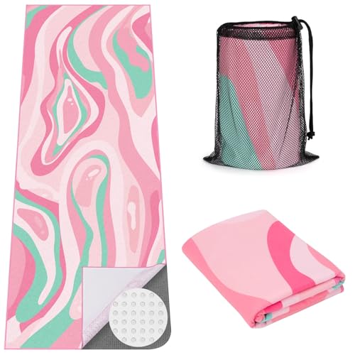 Yoga Mat Towel Cover with Large Corner Pockets, Non Slip Grip Microfiber Mat Cover Mat for Hot Yoga, Pilates and Gym Workout, 70" L x 26" W, Pink - color: Pink, size: 70"x26"
