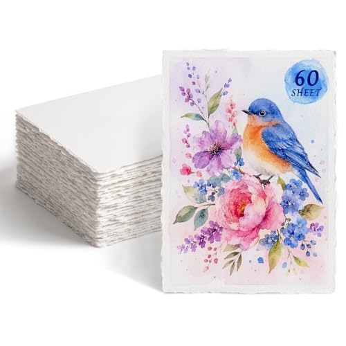 Deckled Edge Watercolor Paper 5x7 Inch, 60 Sheets 300gsm Thick Cotton Blend, Handmade Torn Edge Cards for Watercolor, Calligraphy, Wedding Invitations, DIY Crafts & Postcards