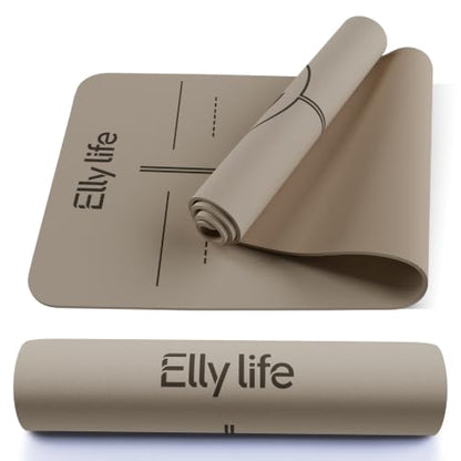 Yoga Mat - Non Slip Natural Rubber Yoga Mat, Alignment Lines, Ultimate Grip | Anti-Tear, Durable & Thick 5mm, Skin-Friendly with Free Carry Strap, Bag, for Yoga, Pilates Fitness and Floor Exercises - color: Beige