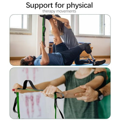 10 Loop Yoga Stretching Strap for Physical Therapy - Non-Elastic Exercise Band for Pilates, Yoga, Stretching for Women & Men - color: Green+Black