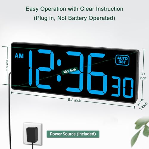 Soobest LED Wall Clock Digital Clock with Seconds | Large Digital Clock Bold Numbers for Seniors, Plug Electric Clock Dimmable Large Display, Auto DST, Gym, 10 Inches - color: 10.2" Blue