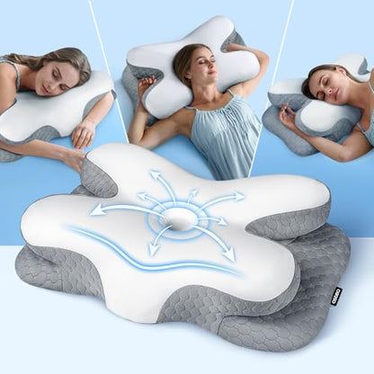 Osteo Enjoy Pain Relief Sleeping Cervical Neck Pillow, Ergonomic Contour Zoned Fits Side Sleeper, Non-Temperature Affected Memory Foam Pillows, Q-max Cooling Pillow Support Back Stomach Sleepers - color: Gray