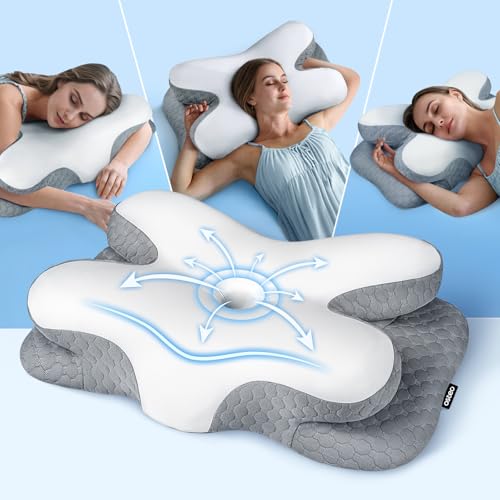 Osteo Enjoy Pain Relief Sleeping Cervical Neck Pillow, Ergonomic Contour Zoned Fits Side Sleeper, Non-Temperature Affected Memory Foam Pillows, Q-max Cooling Pillow Support Back Stomach Sleepers - color: Gray