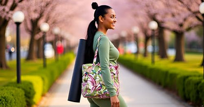 INDIAN CRAFT CASTLE Tote Bag with Yoga Mat Carrier Pocket Carryall Shoulder Bag for Office, Workout, Pilates, Travel, Beach and Gym - color: Pink & Green