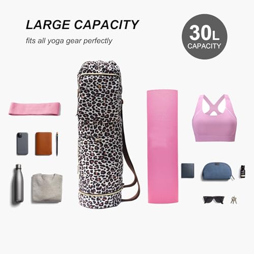 ESVAN Yoga Mat Bag with Multi Pockets Drawstring Yoga Mat Carrier Pilates Exercise Multi-Functional Storage Bag - color: Canvas Leopard Print
