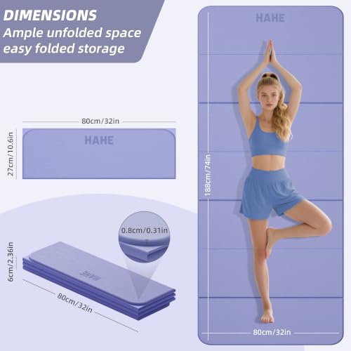 HAHE Foldable Yoga Mat 74"Lx32"Wx1/3"Thick, Folding Exercise Mats - color: Purple