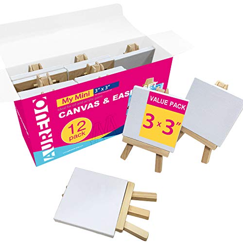 AUREUO Mini Canvas and Easel Set - 3x3 Inch/ 12 Pack - 2/5 Inch Profile Small Square Canvas with Display Stand - Art Gift Set Bulk Pack Canvases for Acrylic Painting & Craft - size: 3"x3" with Easel