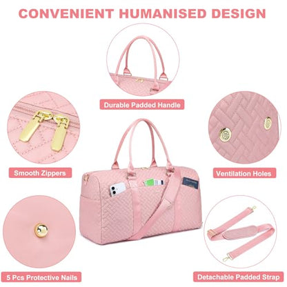 Women Weekender Travel Duffle Bag: Travel Duffel Overnight Bags with Shoe Compartment Large Carry on Tote with Toiletry Bag Weekend Traveling Yoga Gym Hospital Bag for Women with Wet Pocket Pink - color: 23-Pink T Quilted, size: Large