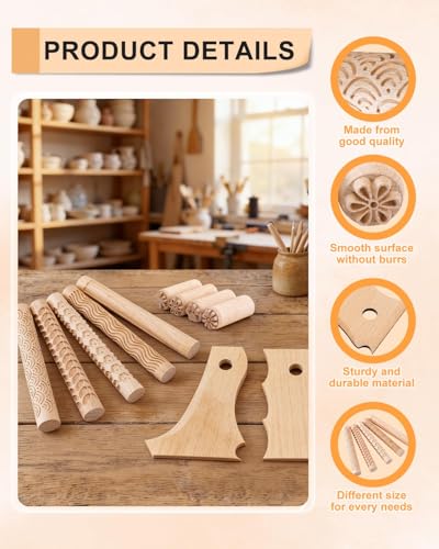6" Wooden Clay Texture Roller Set with Stamp Rollers & Rib Tools, 11PCS | Crafted From Premium Beech Wood For Polymer Clay, Pottery, Ceramic Crafts With Deep Geometric & Floral Patterns - size: 5+4+2